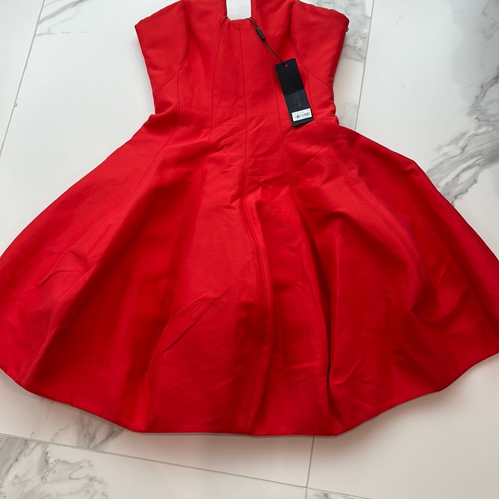 $475 NWT HALSTON HERITAGE WOMENS GEO NOTCH SILK FAILLE STRAPLESS DRESS SIZE 4